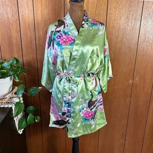 Vintage TianBaoGong Green Satin Peacock Floral Kimono Robe Loungewear Wrap